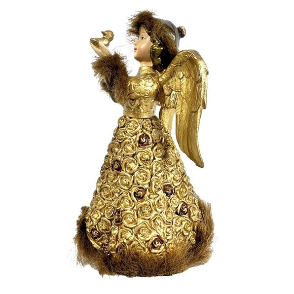 Cracker Barrel Season of Glory Gold Angel with Bird Faux Fur Trim Vintage-Nice! - Picture 3 of 8
